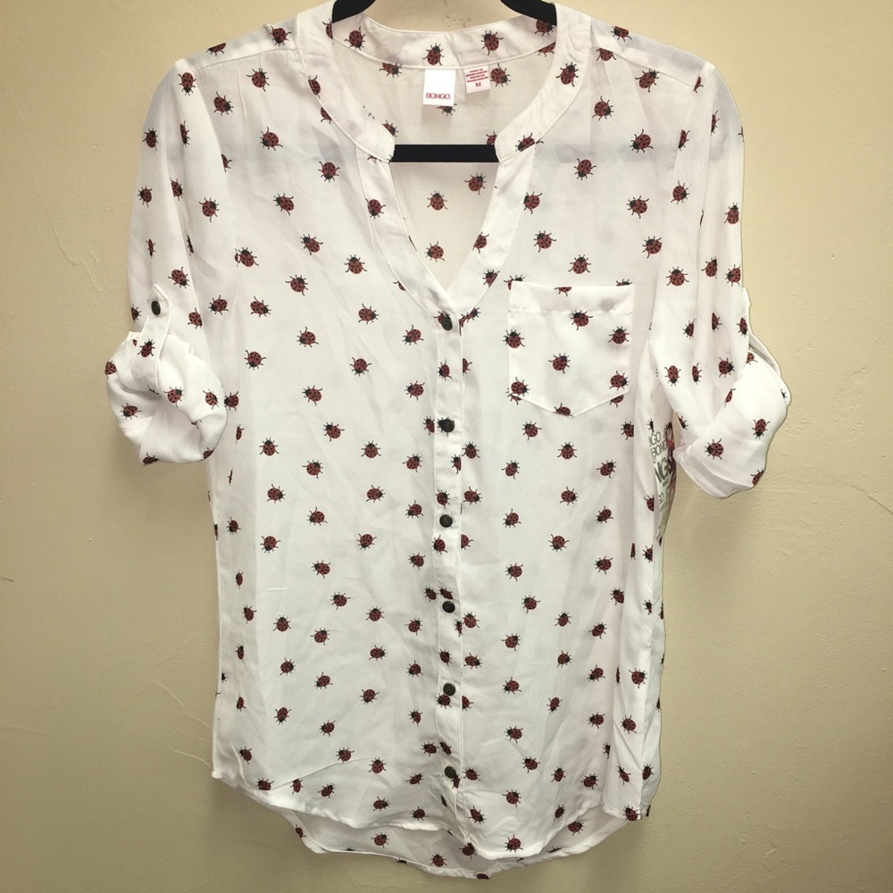Bongo - Ladybug Print tan sleeve blouse SZ M NWT
